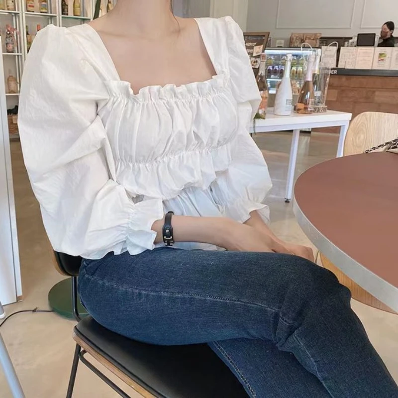 2024 Fashion New Sweet Women Blouse White Ruffle Shirt Korean Style Square Neck Elegant Tops Long Puff Sleeve Clothing