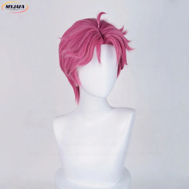 Hoge kwaliteit Abby Cosplay Pruik Saja Jongens Kort Roze Roze Middenscheiding Hoofdhuid Hittebestendig Synthetisch Haar Anime Pruiken + Pruik Cap