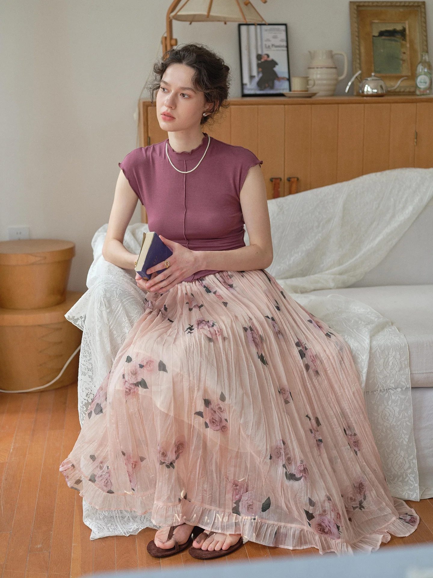Romantic Rose Print Pleated Pink Floral Half Skirt Women's Skirt SimpleRetro High Waist Polyester Fiber Loose Fit Summer Skirt