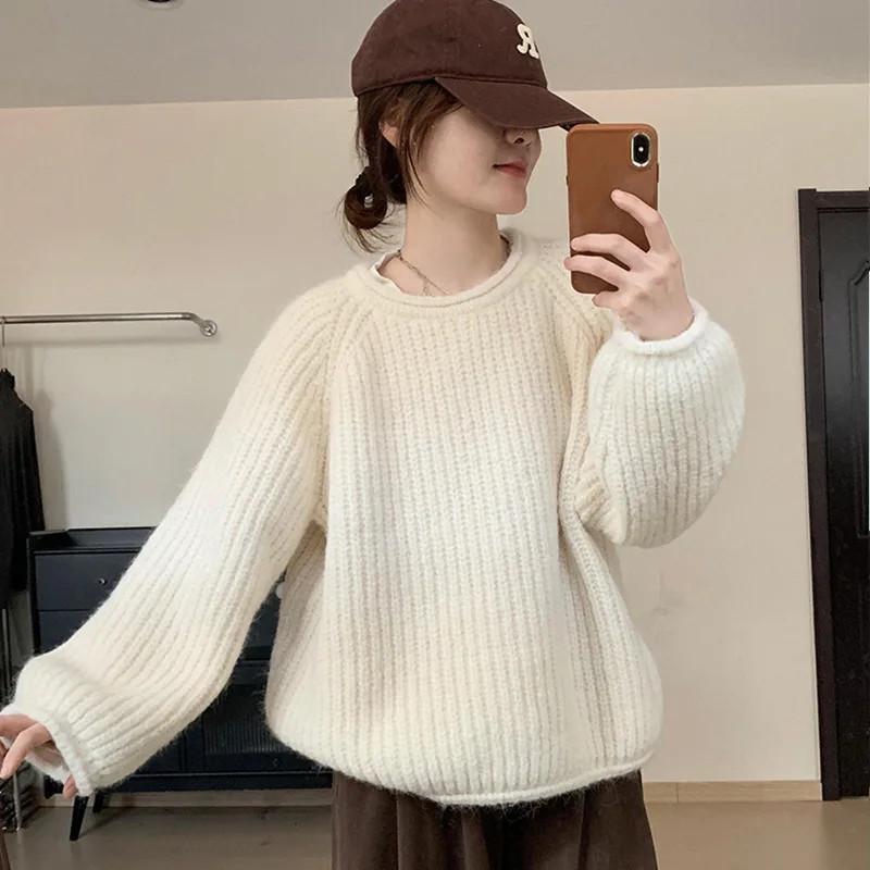 2024 Winter New Women's Solid Color Rolled Edge Chunky Knit Sweater - Loose Slimming Round-Neck Knit Top