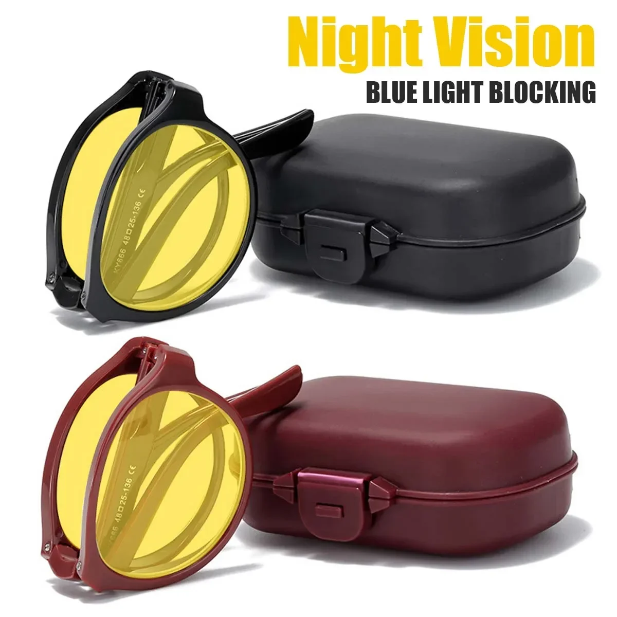 Foldable Night Vision Glasses with Box for Men Women Round Ultralight Blue Light Blocking Eye Protection Eyewear for Driving Car