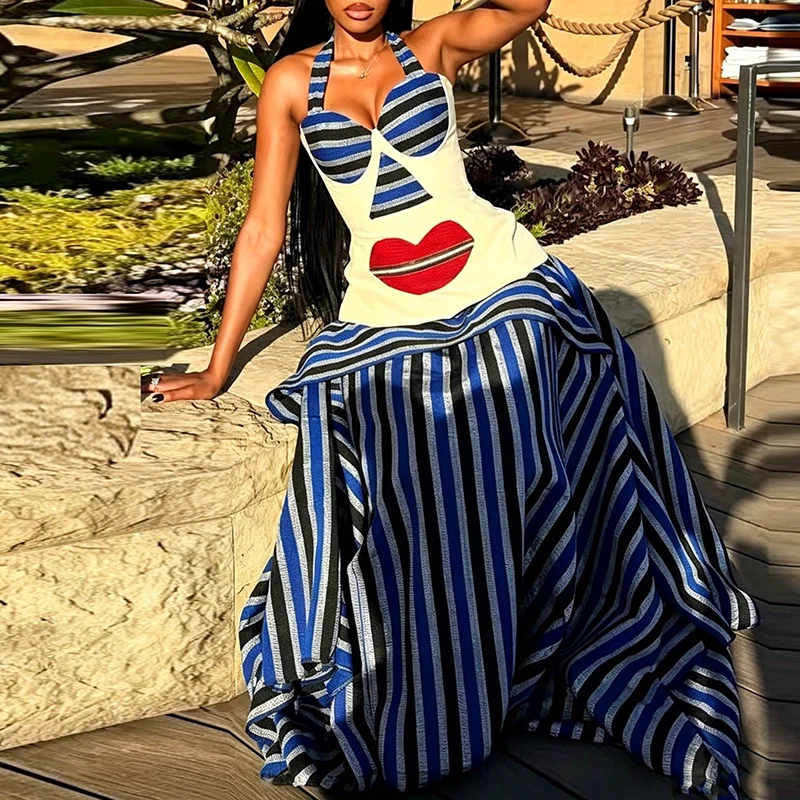 

Y2K Style Fashion Striped Print 2 Piece Set Women Spring Lace-up Halter Top & Maxi Skirts Outfit Summer Sleeveless Backless Suit