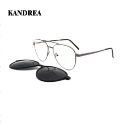 KANDREA 2 In 1 Retro Clip on Glasses Frames Men Optical Myopia Fashion Polarized Magnetic Sunglasses Prescription Eyewear C8040