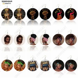 SOMEHOUR Royal Africa Queen Beautiful Black Art Print Wooden Drop Earrings Afro Ethnic Curly Headwrap Print Women Dangle Jewelry