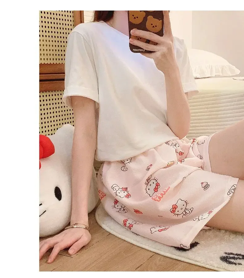 Y2K 카와이 산리오 헬로 키티 파자마 애니메이션 여성용 만화 바지 부드럽고 통기성 좋은 가정용 의류 하이웨이스트 반바지 소녀 선물