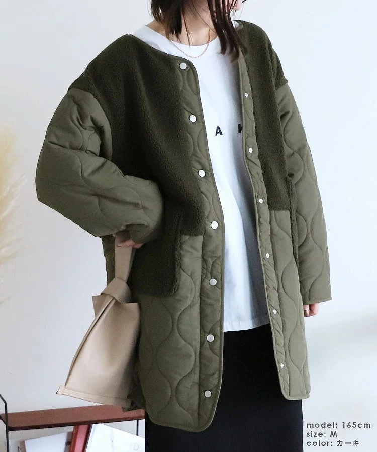 Women Coat Mid Length Lamb Wool Stitching Thickened Cotton Padded Parkas Winter Maxi Round Neck Big Pockets Thickened Jacket