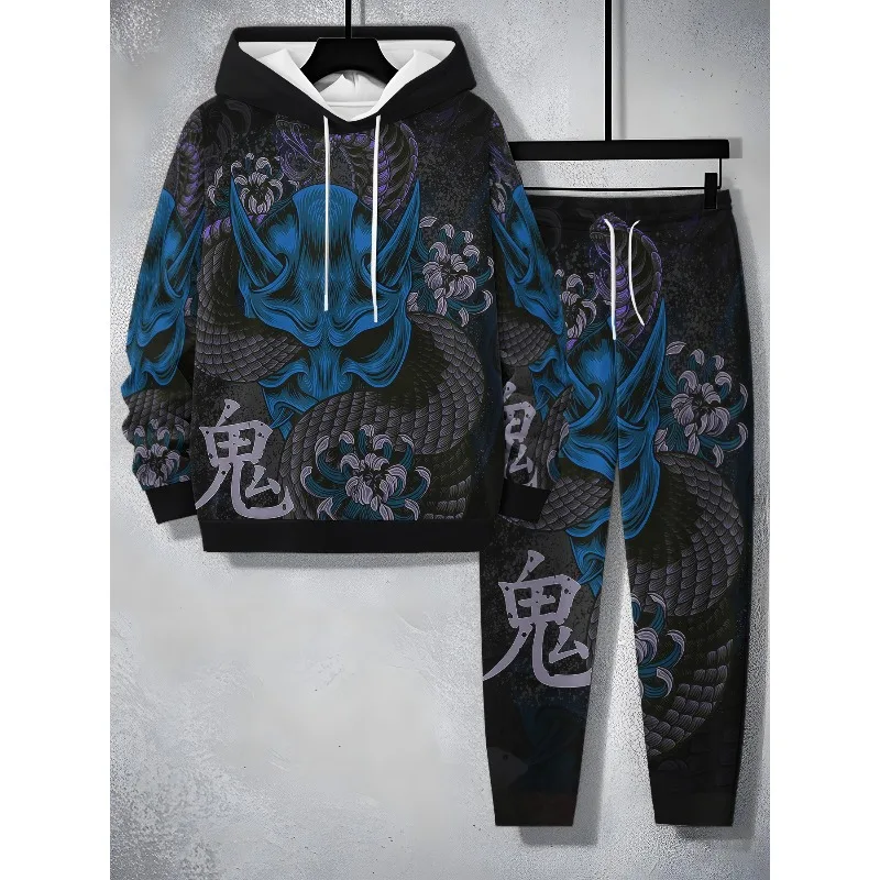 2025 Conjunto de sudadera con capucha de moda para hombre, pantalones con capucha de dos piezas, elementos impresos en 3D de estilo deportivo