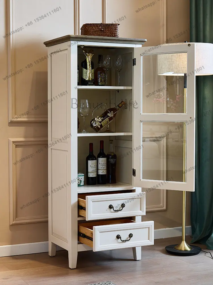 American Rural Mediterranean White All Solid Wood Single Door Glass Wine Cabinet Pastoral