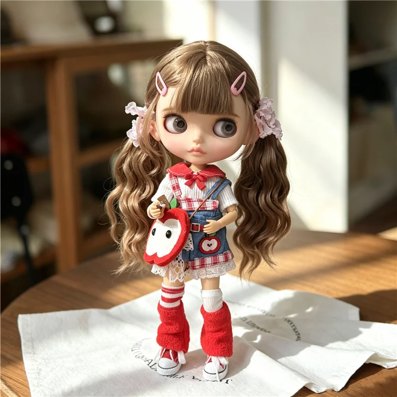 For Blythe Doll Outfit Clothes Cute Pinafore Dress Apple Bag Set Pink Skirt Winter Coat Clothing For OB24 OB22 Small 6/1 Azone