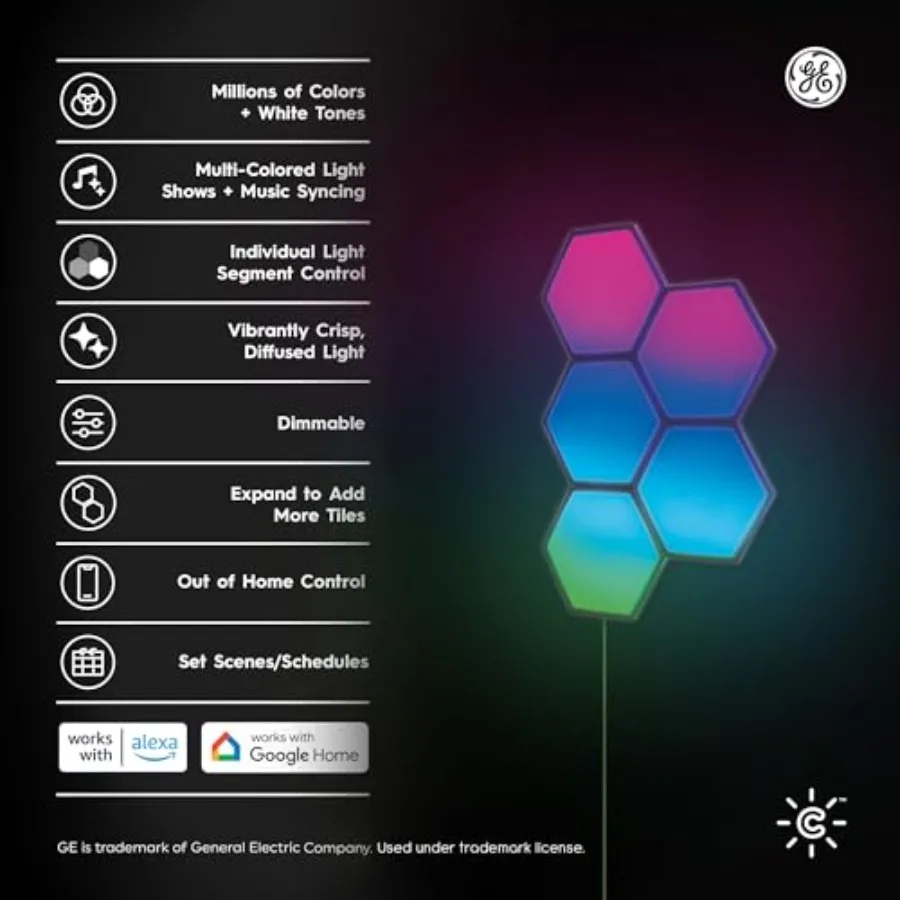 GE Dynamic Effects Indoor Hexagon WiFi Smart LED Color Changing Lights, Wall Light Panels for Room Décor, Gaming Setup, Music S