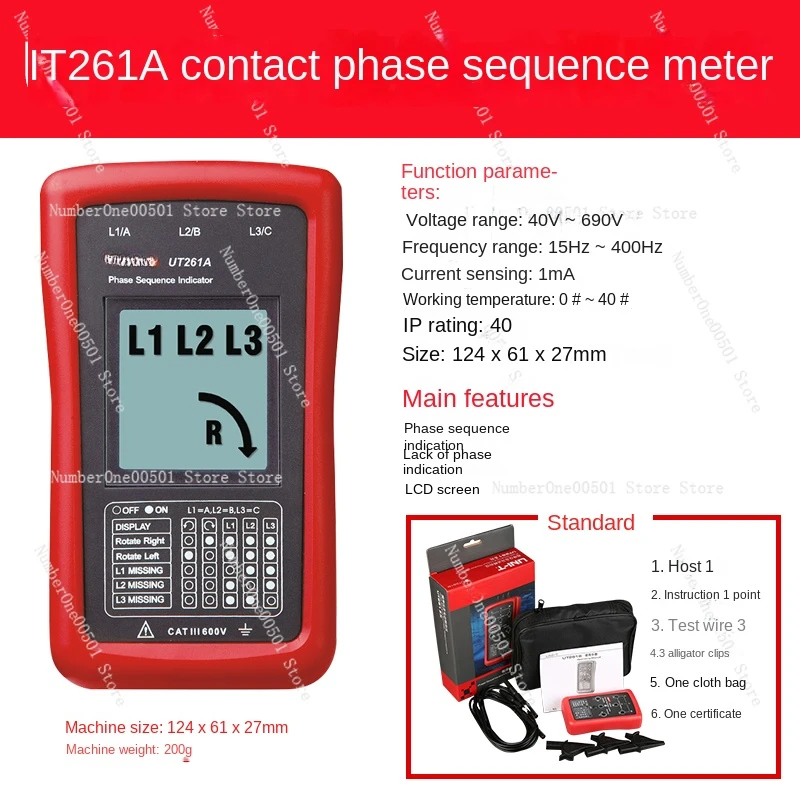 

UNI-T UT261A индикатор последовательности фаз и вращения двигателя, 3-фазное питание, напряжение переменного тока 40 ~ 700 в, индикатор последовательности фаз