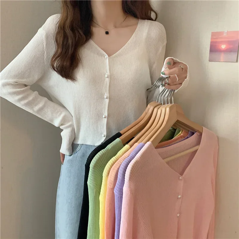 Women's Long Sleeve Cardigan Knit Top Sun Protection Summer Ice Silk Jacket V-neck Thin Summer Sunscreen Top