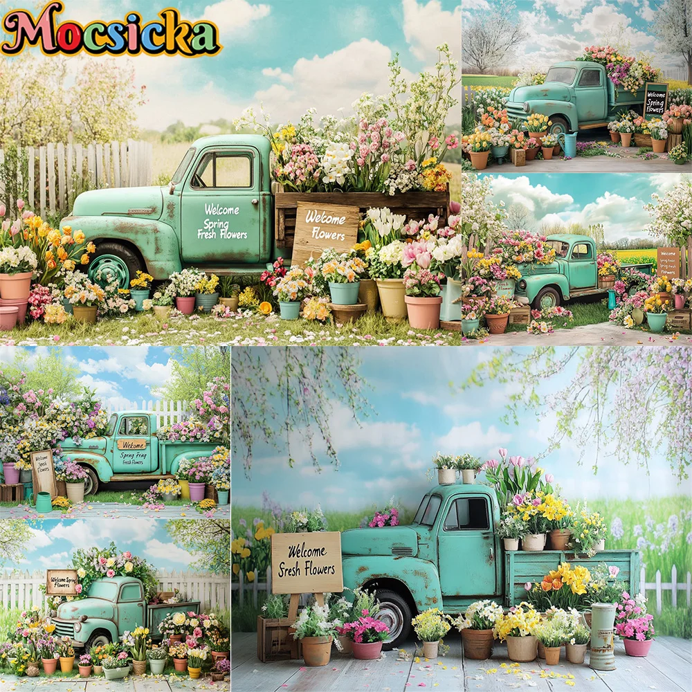 Mocsicka การถ่ายภาพพื้นหลังฤดูใบไม้ผลิดอกไม้รถบรรทุกรถตกแต่งฉากหลังเด็กผู้ใหญ่วันหยุดภาพสตูดิโอ Props