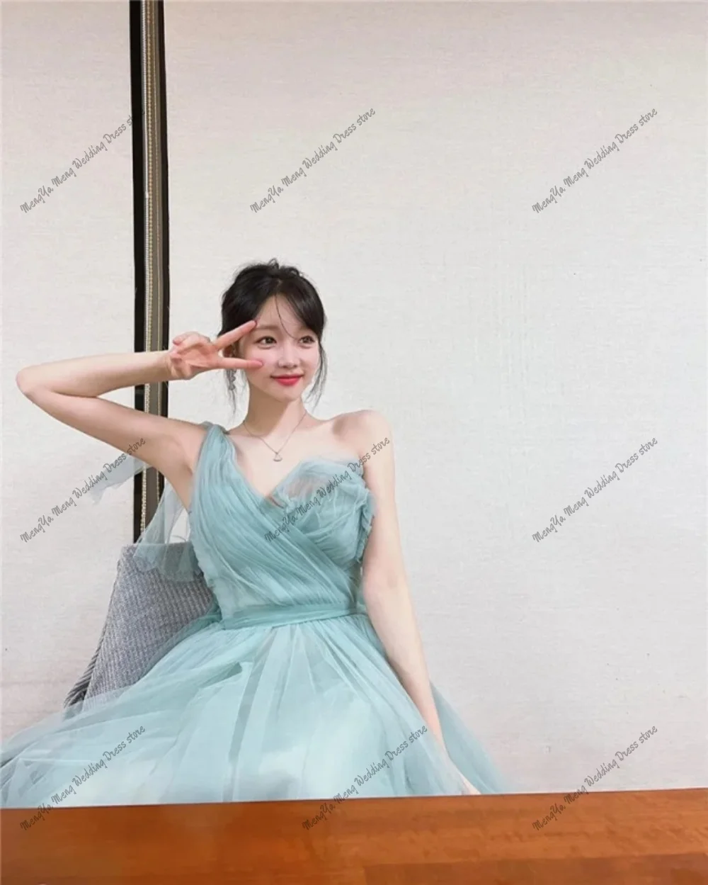 요정 Tulle Dusty Green 이브닝 드레스 한국어 레이디 웨딩 사진 촬영 파티 드레스 한 어깨 긴 파티 드레스 맞춤 제작