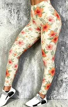 Women Light Blue Big Floral Print Fleece Lined Leggings Mid Waist High Stretch Yoga Workout Pants