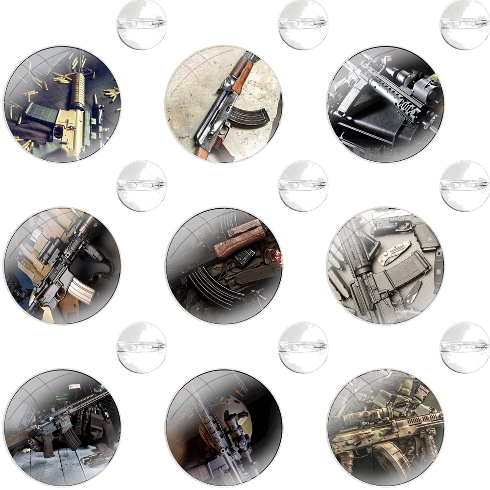 Weapons Rifle Guns Glass Dome Brooches Badge Pins For Clothes Hat Shirt Lapel Bag