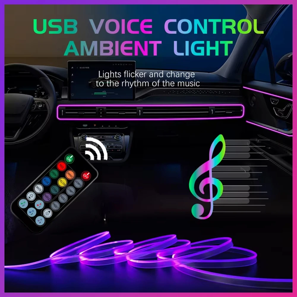 Car Interior LED Decorative Lamp USB Neon Strip For Auto DIY Flexible Ambient Light Key And APP Remote Control Atmosphere Diode 2