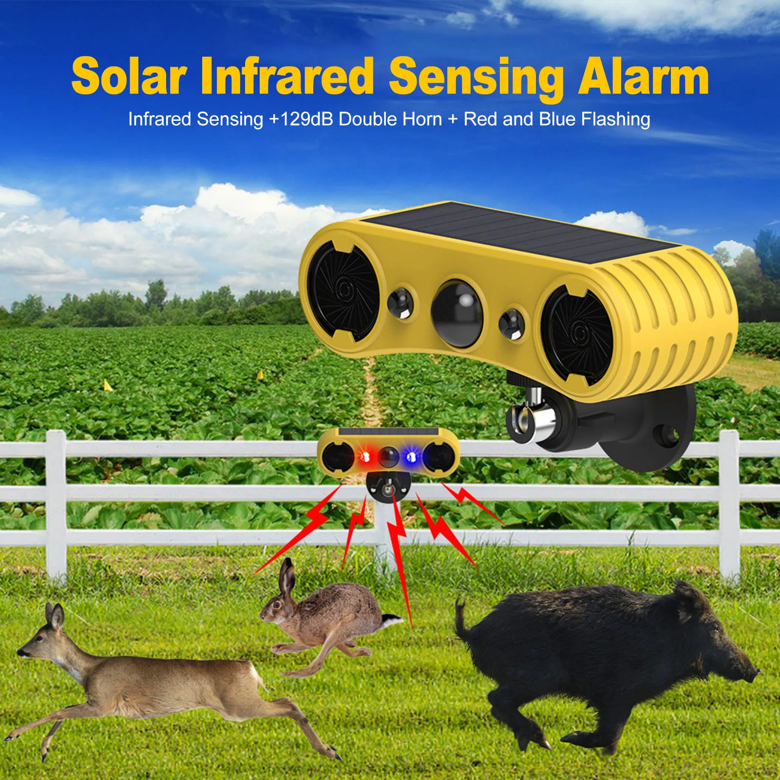 

Solar-Powered Infrared Audible and Visual Alarm, IP65 Rainproof, Suitable for Farms, Orchards, Ranches, and Yards