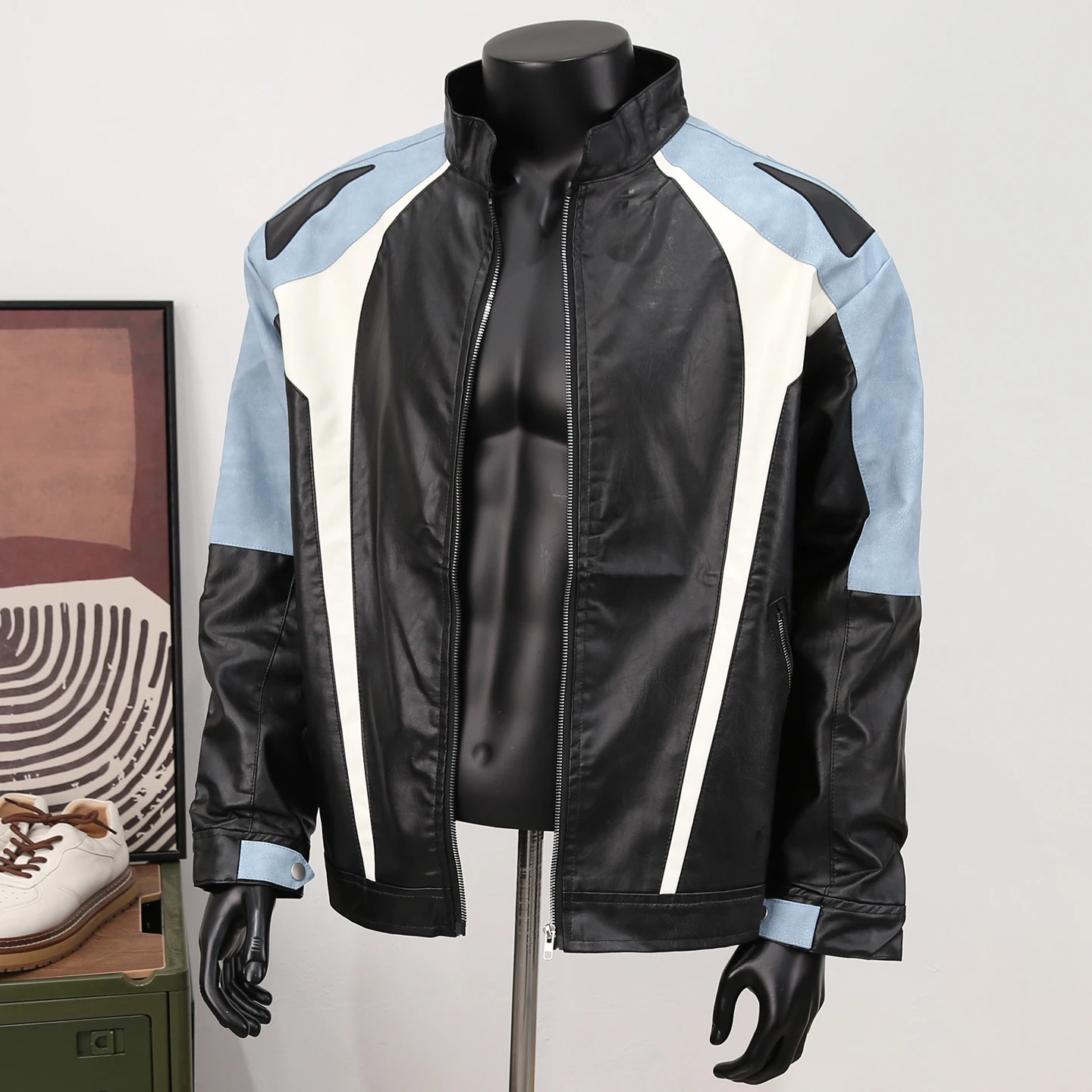 

Fashion Patchwork Fake Leather Jacket For Men Spring Autumn Stand Collar Contrast Color PU Jackets American Casual Fashion Coat