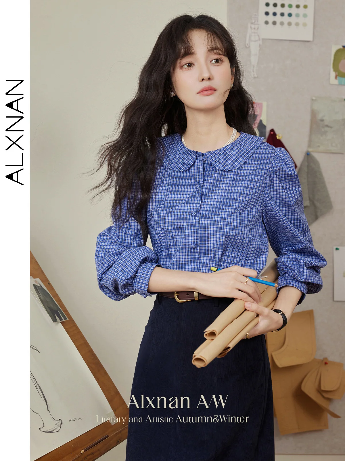 ALXNAN Women's 100% Solid Cotton Shirts Elegant Retro Plaid Lapel Collar Long Sleeve 2024 Autumn Winter Female Casual Top L50726