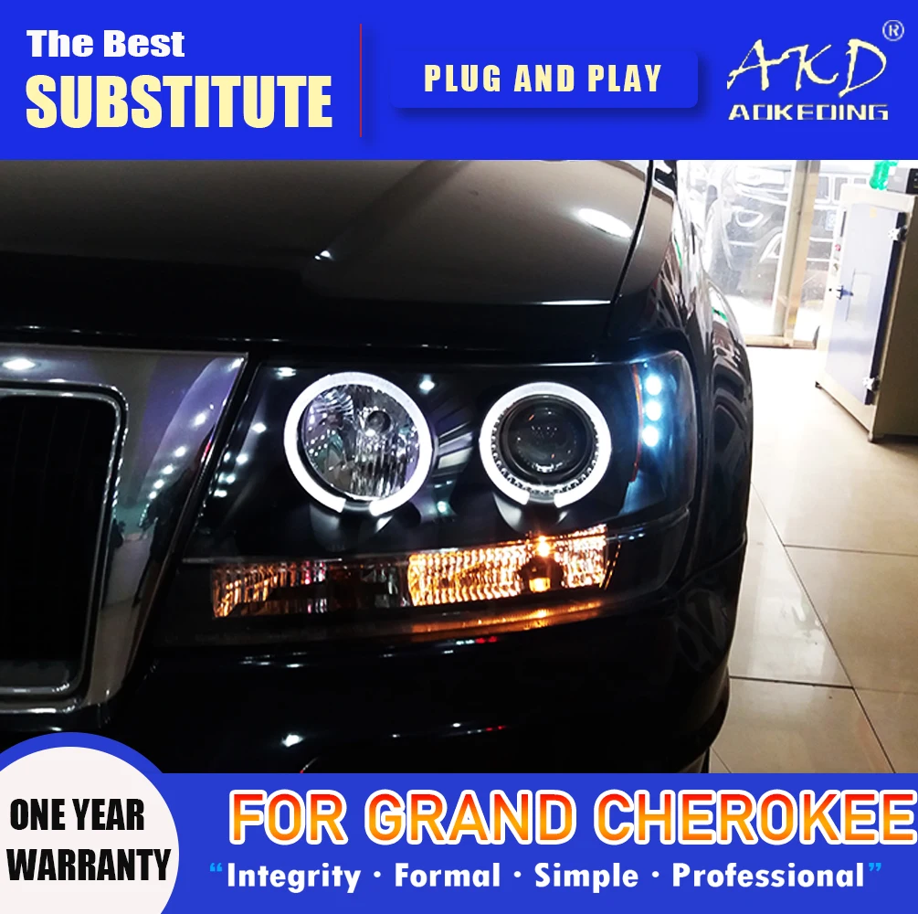 AKD Head Lamp for Grand Cherokee LED Headlight 1999-2004 Headlights Cherokee DRL Turn Signal High Beam Angel Eye Projector Lens