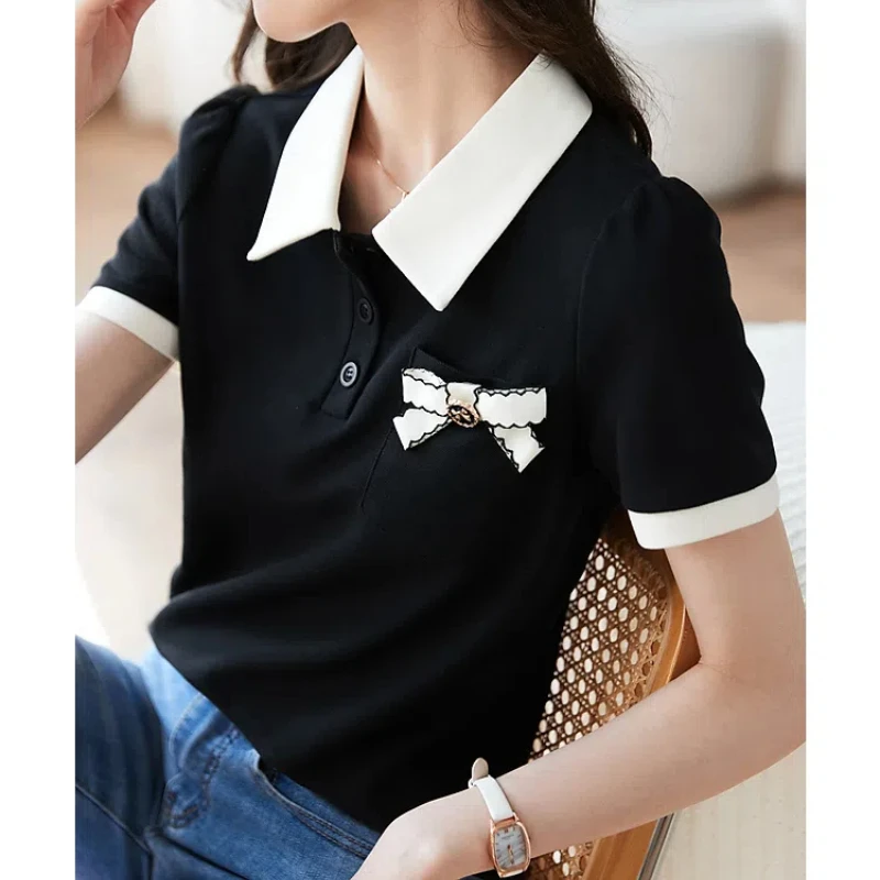 Women\'s Clothing Summer Short Sleeve Pullover Turn-down Collar Button Bow Rivet Contrast Color T-shirt Fashion Casual Tops