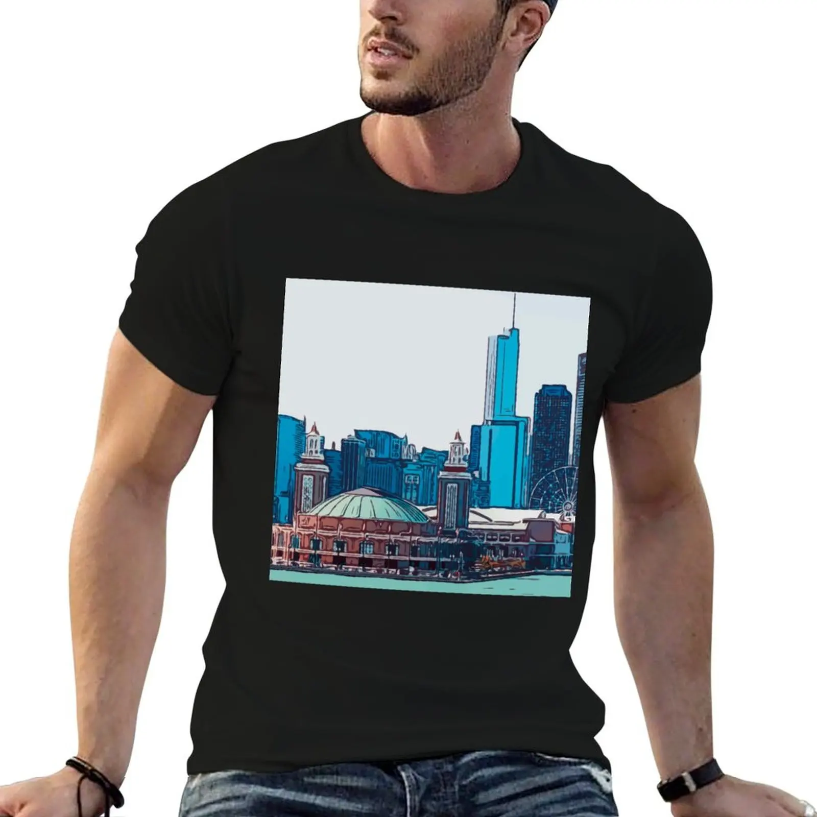 

Chicago 100% printed for Re-Colered shirts Pier man cotton Noir t shirts t Illinois T-Shirt Navy