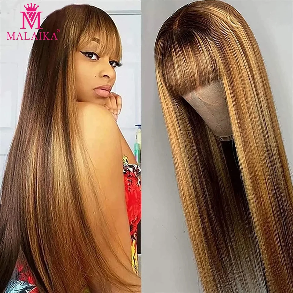 

Highlight Human Hair Long Straight Bang Wig With Bangs Blonde Highlight Non Lace Wig Brazilian Hair BOB Wigs For 200 Density