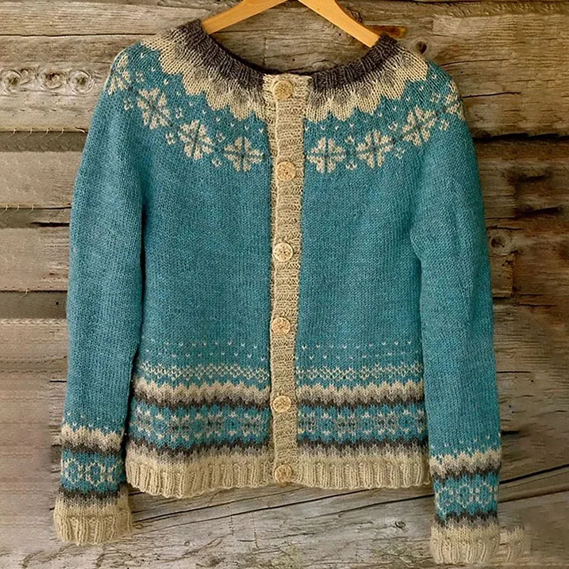 Etniczny retro żakardowy nadruk sweter z dzianiny sweter damski jesień wycięcie pod szyją jednorzędowy top zimowy z długim rękawem ciepła odzież