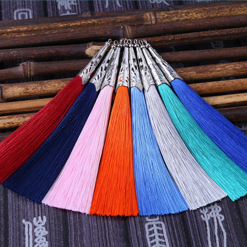 5/10pcs Silk Tassel Earrings pendant Charms Crafts Silver Caps Tassels Brush For DIY Jewelry Making Accessories 14CM 28 colors