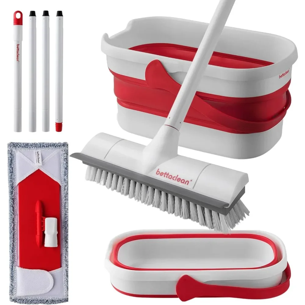 Foldable Mop Bucket Set with Heavy Duty Scrub Mop and Broom, Outdoor Mop and Bucket with Wringer Set for Home, Collapsible Indoo