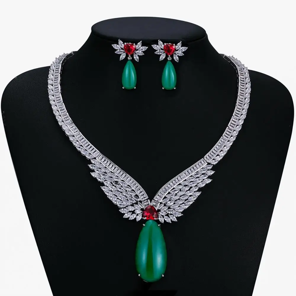 

Green Wings Cubic Zirconia Bridal Wedding Necklace Earring Set,Excellent Women Prom Party Jewelry Sets