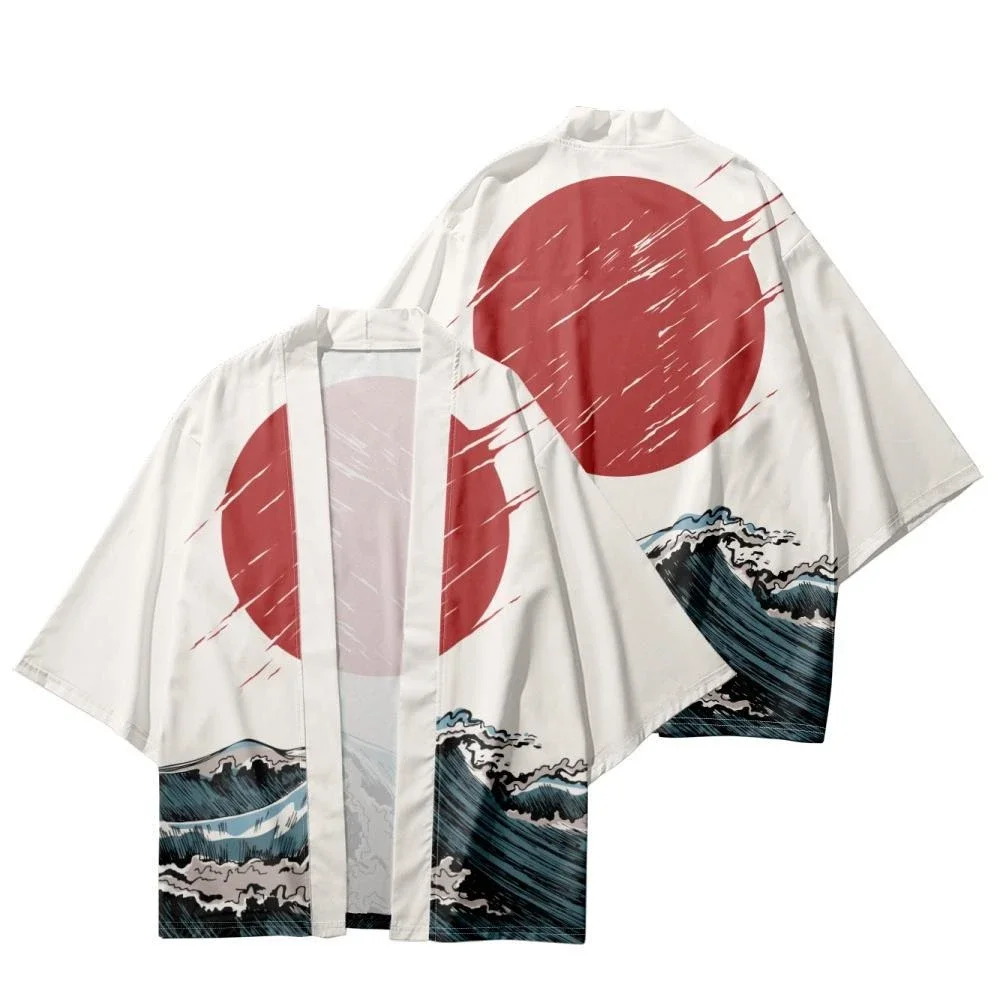 Kimono con estampado de ondas para hombre y mujer, cárdigan tradicional, camisa de manga 2024, moda Haori, Yukata, verano, 3/4