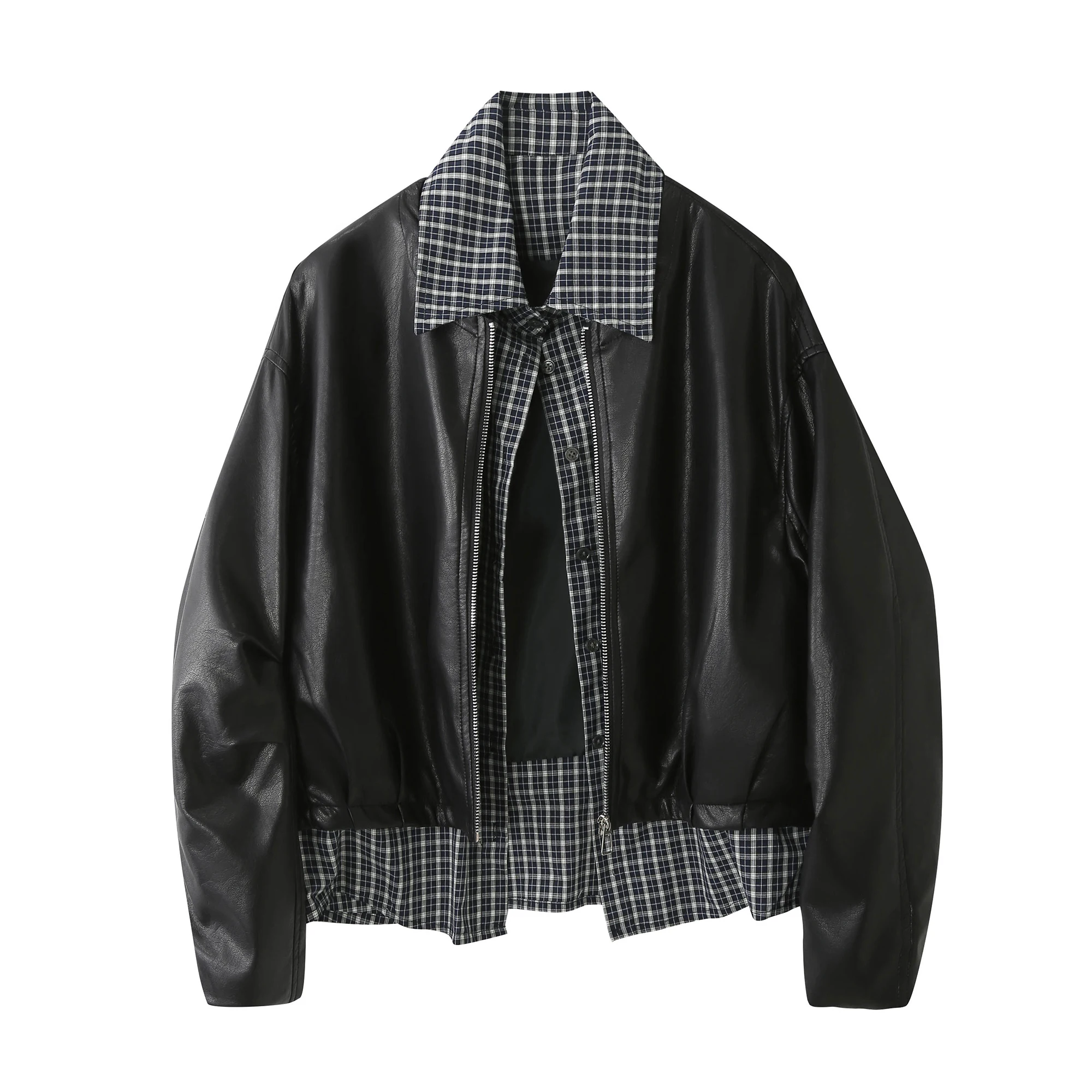 Jaqueta de Couro com Gola  Estilosa e Detalhes em Xadrez para Mulheres, Casual e Versátil para Primavera e Outono