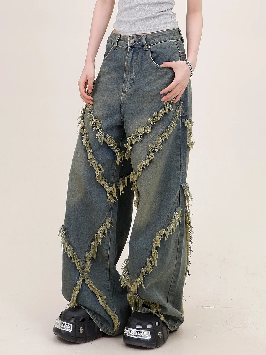 

Washed Stitched Raw Edge Jeans Women's Summer 2024 New Loose Bf American High Street Wide Leg