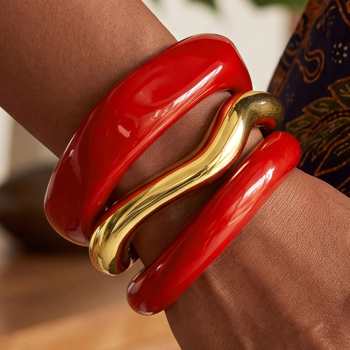 3Pcs Vintage Acrylic Resin Bangle Set Two Tone Wavy Gold Metal Colorful Marble Bracelet for Women Party Jewelry  Bohemian