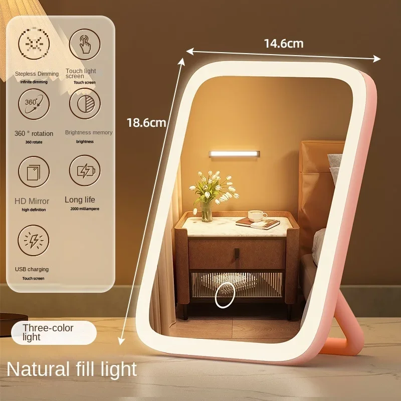 Miroir de maquillage LED, lumière 3 couleurs, 360 °   Rotatif, commande tactile, alimenté par USB, miroir de courtoisie de table pour chambre à coucher, salle de bain, voyage