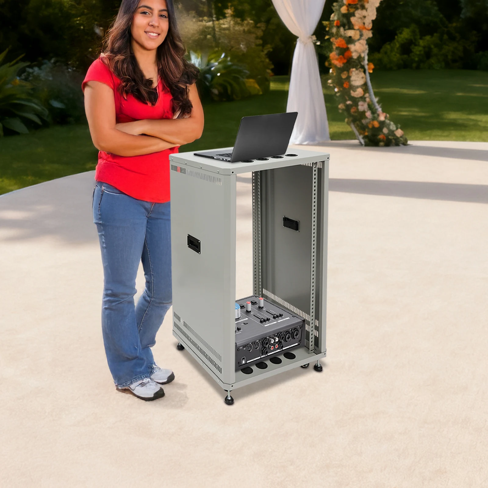 Supporto per mixer DJ con rotelle Rack per server e stereo 22U con ruote Rack a telaio aperto per montaggio audio video