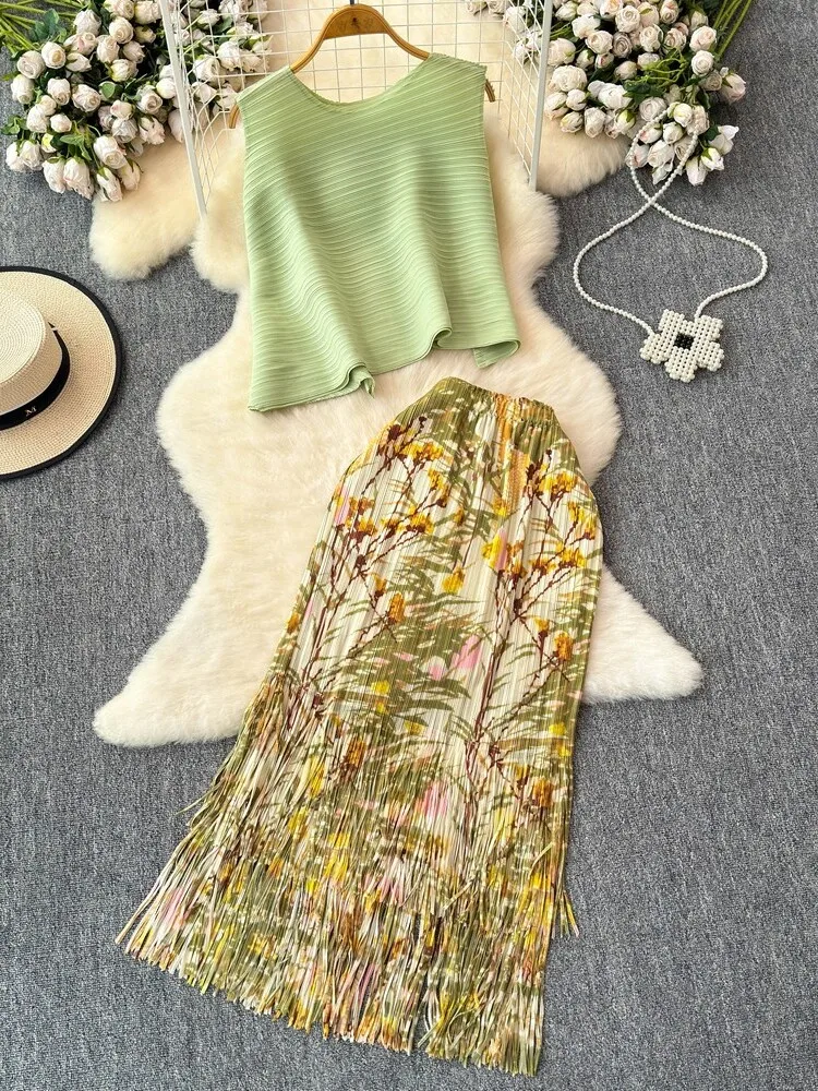 

Summer New Lazy Sle Women's ter Ne Print Skirt And Top Two-Piece Set Folded Skirt Faionable And Sli Ensemble