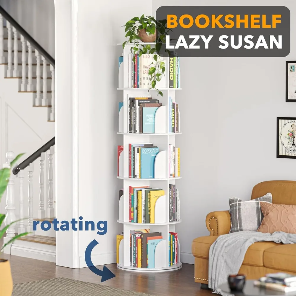 

5 Tier Rotating Bookshelf Tower, Spinning Bookcase Lazy Susan, Revolving 360 Book Shelf Storage Round Carousel