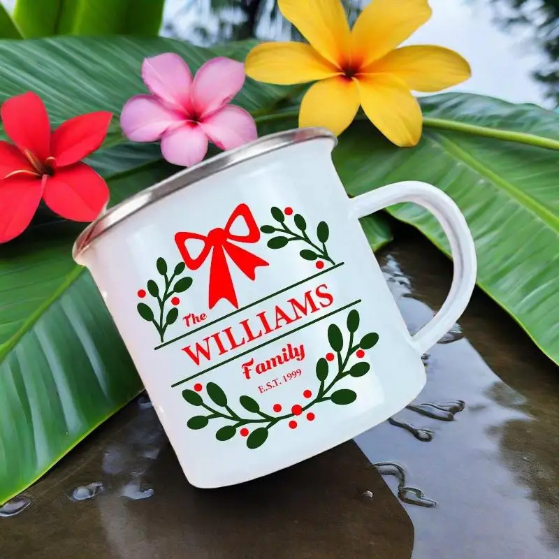

Personalized Custom Name Wreath Enamel Mug Christmas Family Party Coffee Wine Mug Xmas Decor Hot Cocoa Juice Cup Christmas Gifts