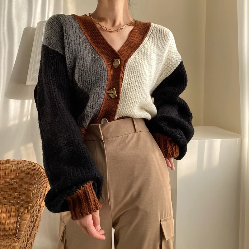 Cropped Cardigan Sweater Knitted Autumn Vintage Patchwork Loose Jumpers Casual Irregular Button V Neck Oversize Office Lady Top