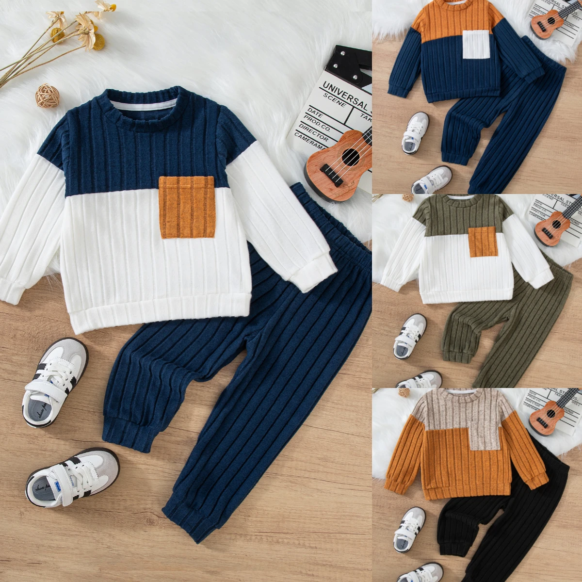 الخريف الفتيان جيب اللون حجب مجموعات طويلة الأكمام بلوزات وبنطلون 2 قطعة مجموعة ملابس الأطفال لينة ملابس غير رسمية 1-7Y #1