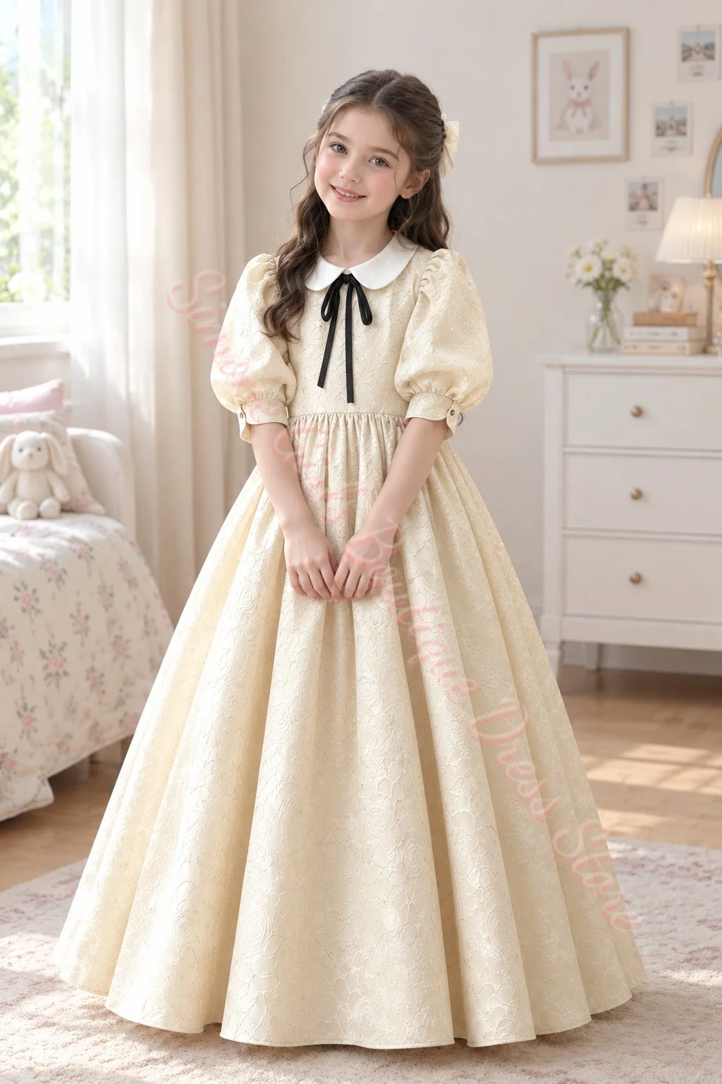 Wholesale Rose Girl Gown Gold Puff Sleeves Elegant Flower Girl Dress for Wedding Ceremonies Formal Holiday Celebration Custom