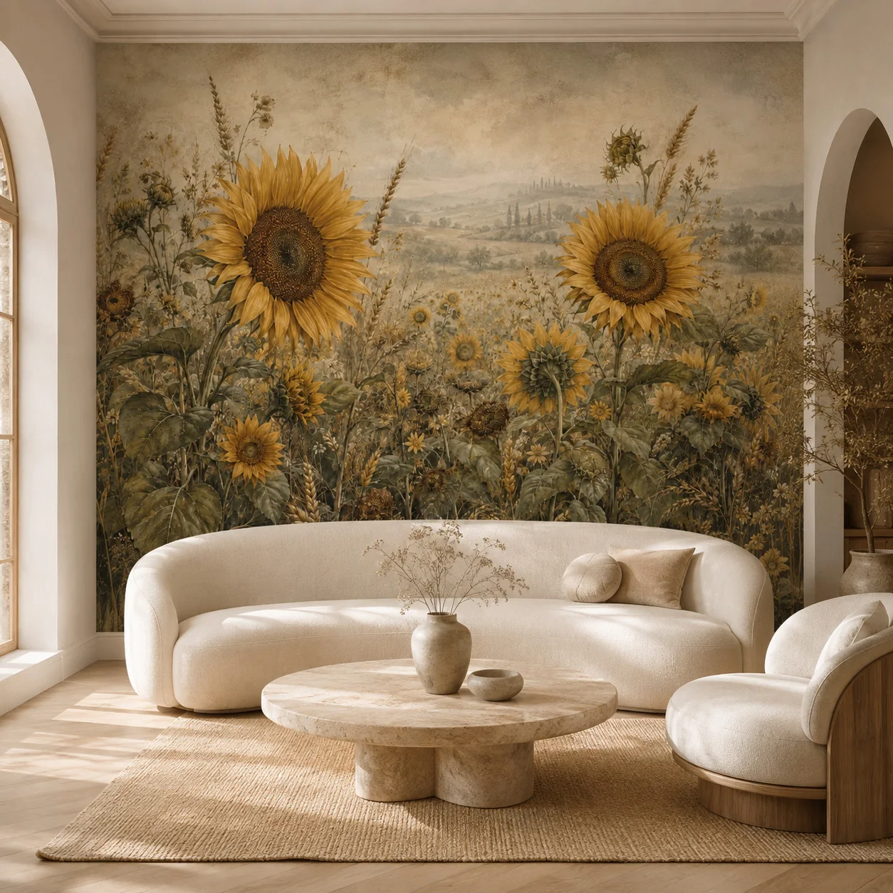 Vintage Sunflower Field Wall Mural, Rustic Floral Landscape Wallpaper, Farmhouse Living Decor, Non Self Adhesive, Glue Required