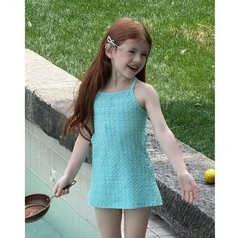 

Kids Girls Dress Beach Swimsuit 2025 Summer New Solid Sleeveless Strap Dress Simple and Fashion Children Clothing 90-130CM