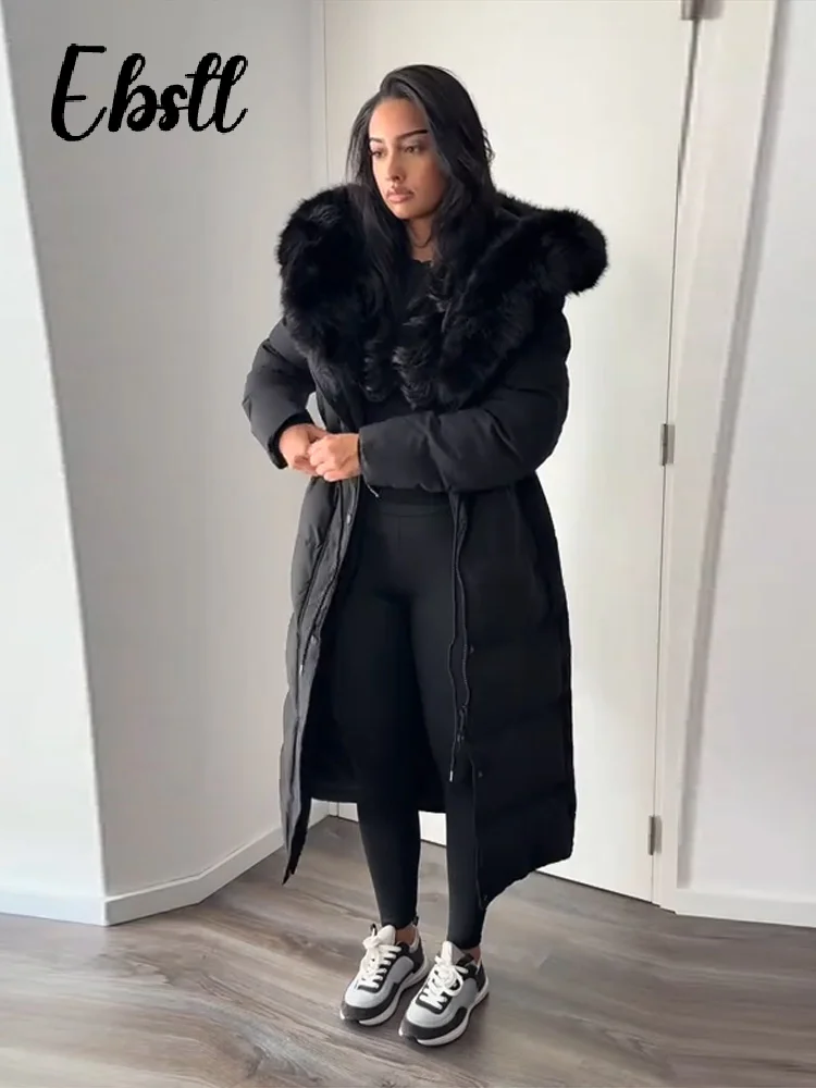 الدافئة الفراء طوق مرونة الخصر معطف مقنع المرأة أنيقة الخصر متقصف سحابات طويلة القطن معاطف 2025 شتاء جديد سيدة أبلى