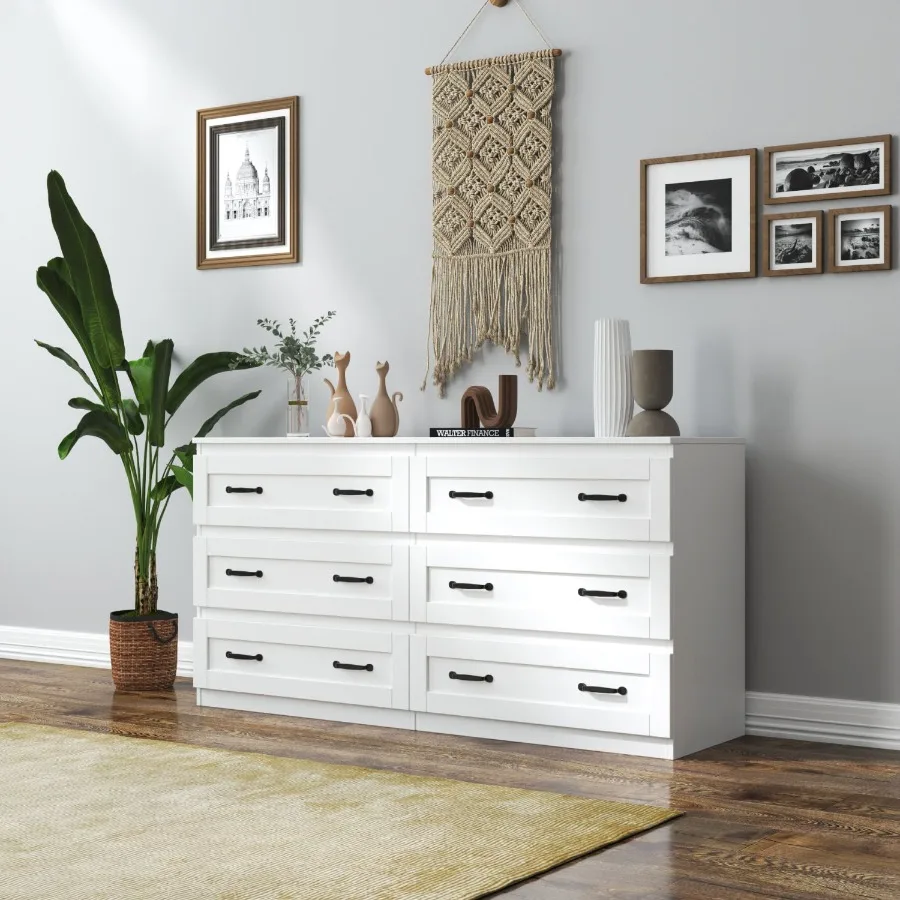Modern white side cabinet with 6 drawers Wood Chest of Drawers with Metal Handle Storage Organizer for Living Room Bedroom or H