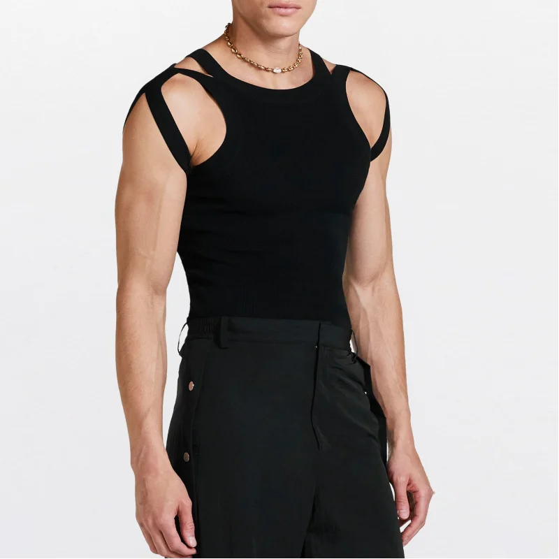 Men’s Strappy Top Cut Out Shoulder Strap Sleeveless Vest Black Slim Fit Streetwear Summer