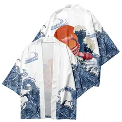 Summer Japanese Kimono for Men/Women Harajuku Wave Carp Print Traditional Bathrobes Short Sleeves Beach Shirt Chic Kimono Mujer